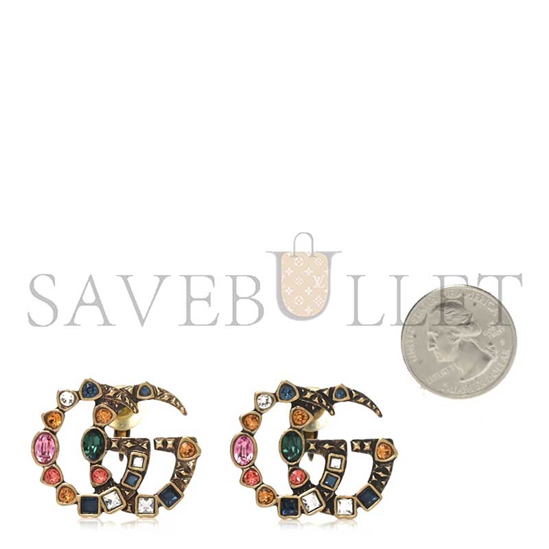 GUCCI CRYSTAL DOUBLE G CLIP ON EARRINGS AGED GOLD MULTICOLOR 